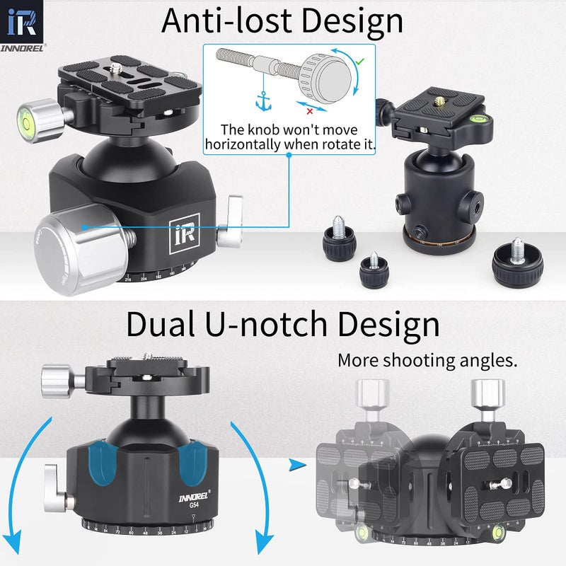 Innorel Low Profile Tripod Ball Head-INNOREL Panoramic CNC Metal Camera Tripod Ballhead with 1/4" Arca Swiss Quick Release Plate Aluminum Alloy head for Tripods,Monopod,DSLR,Camcorder,Max Load 66lb/30kg (G54) - Image 5